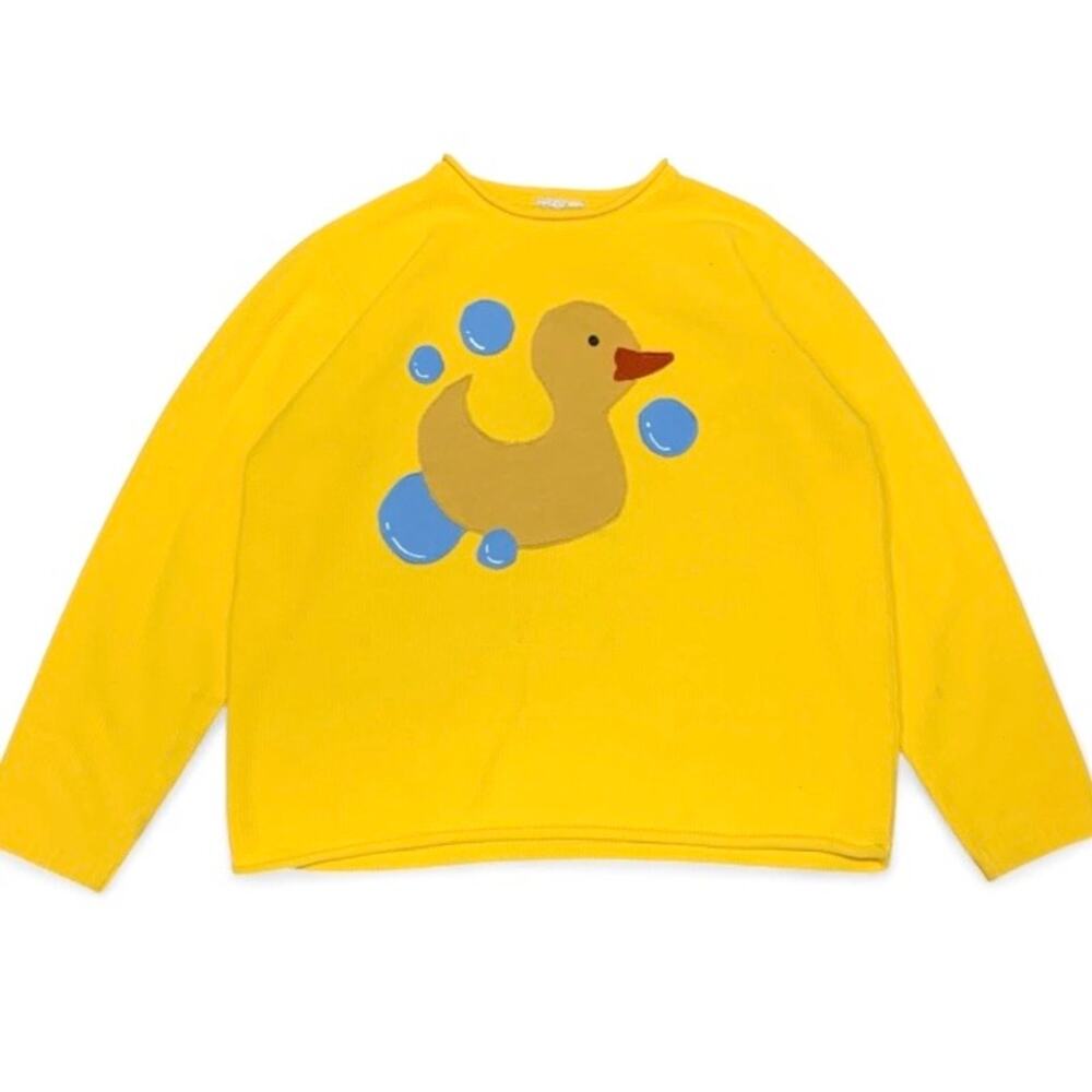 Yellow Rubber Ducky Patchwork Knit Sweater – Women’s Large Kidcore